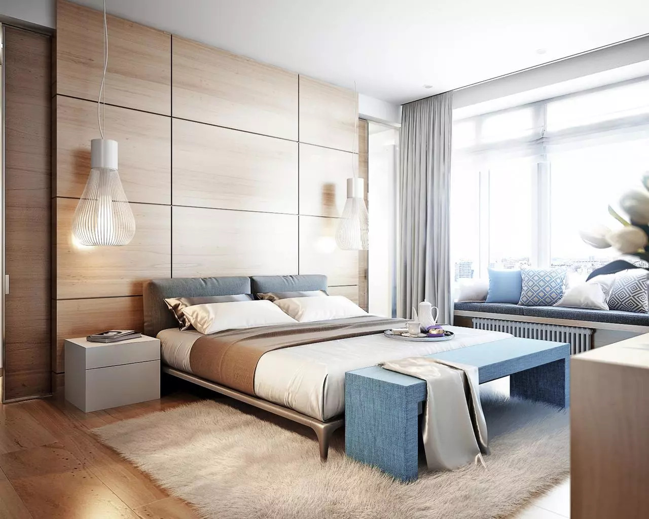 Поєднання блакитного і бежевого в сучасному дизайні спальні