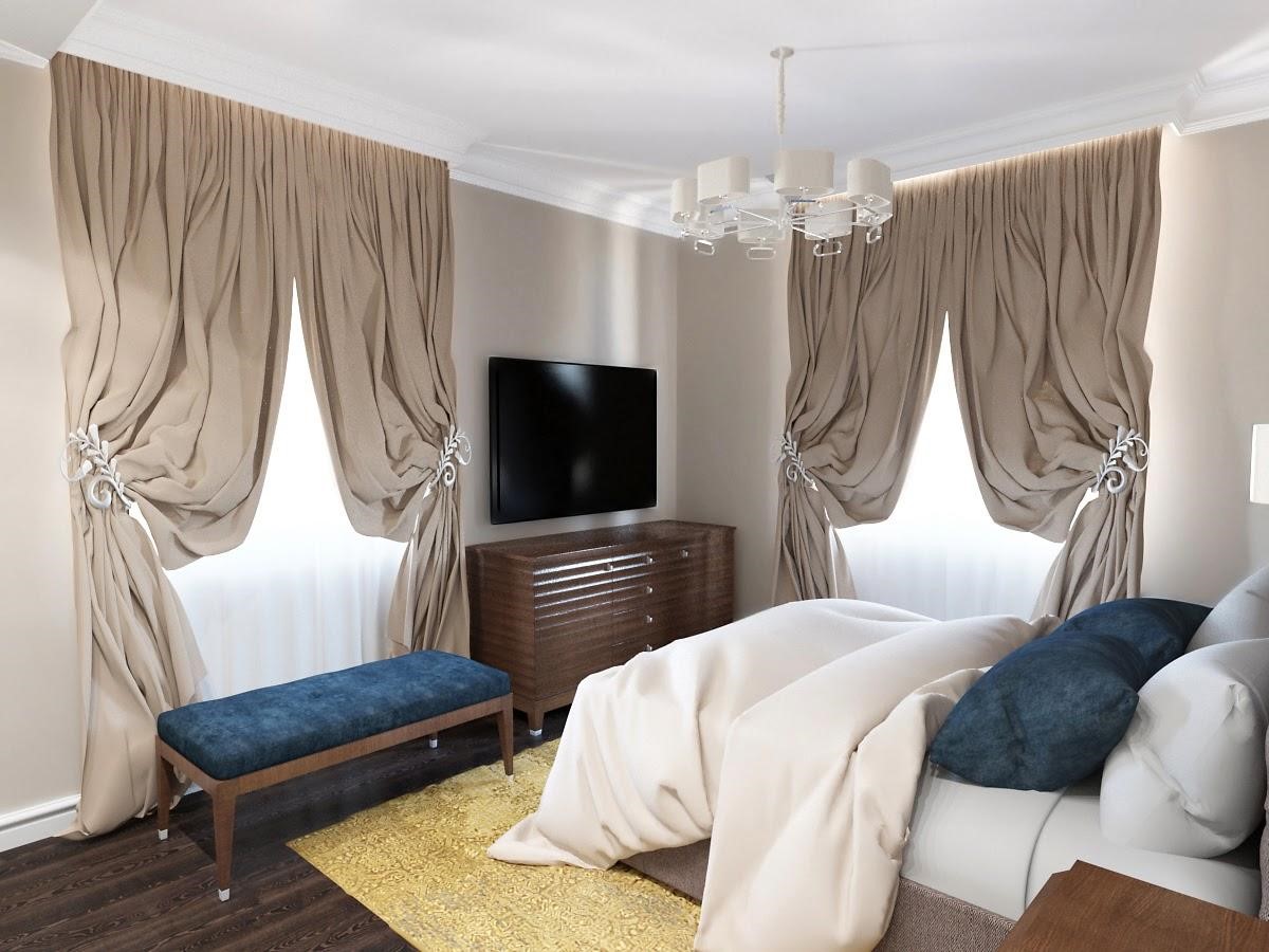 Сочетание синего с бежевым в дизайне маленькой спальни в современном